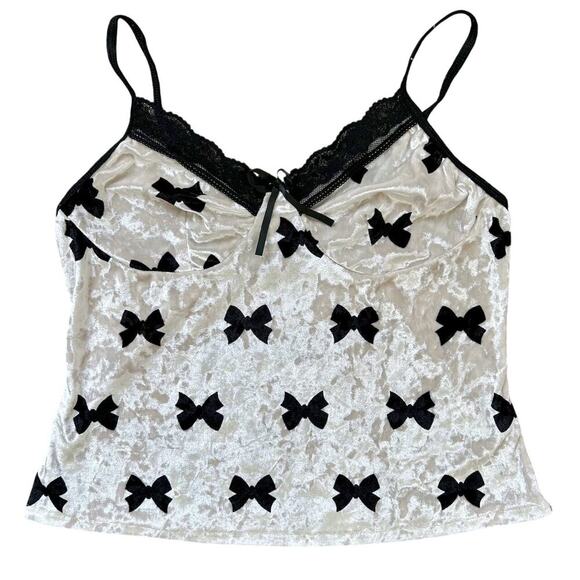 Bow Printed Velvet Coquette Glam Y2K Style Slip Cami Halter Lace Trim Top SMALL - Picture 2 of 6